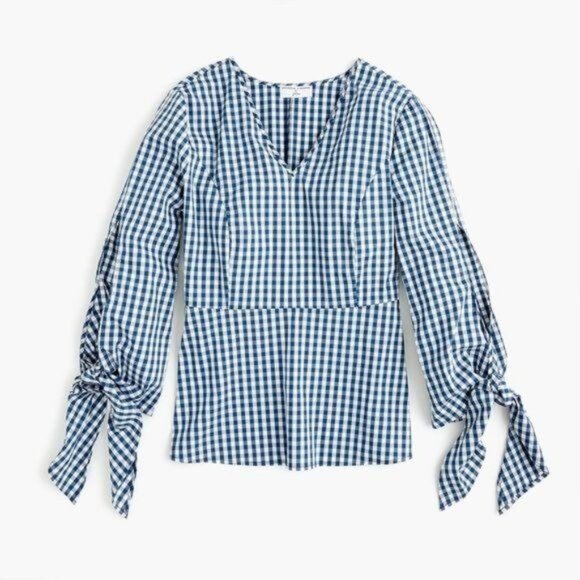 J. Crew poplin tie-sleeve top in Sailor Blue Gingham Size Small NWT - Picture 2 of 8